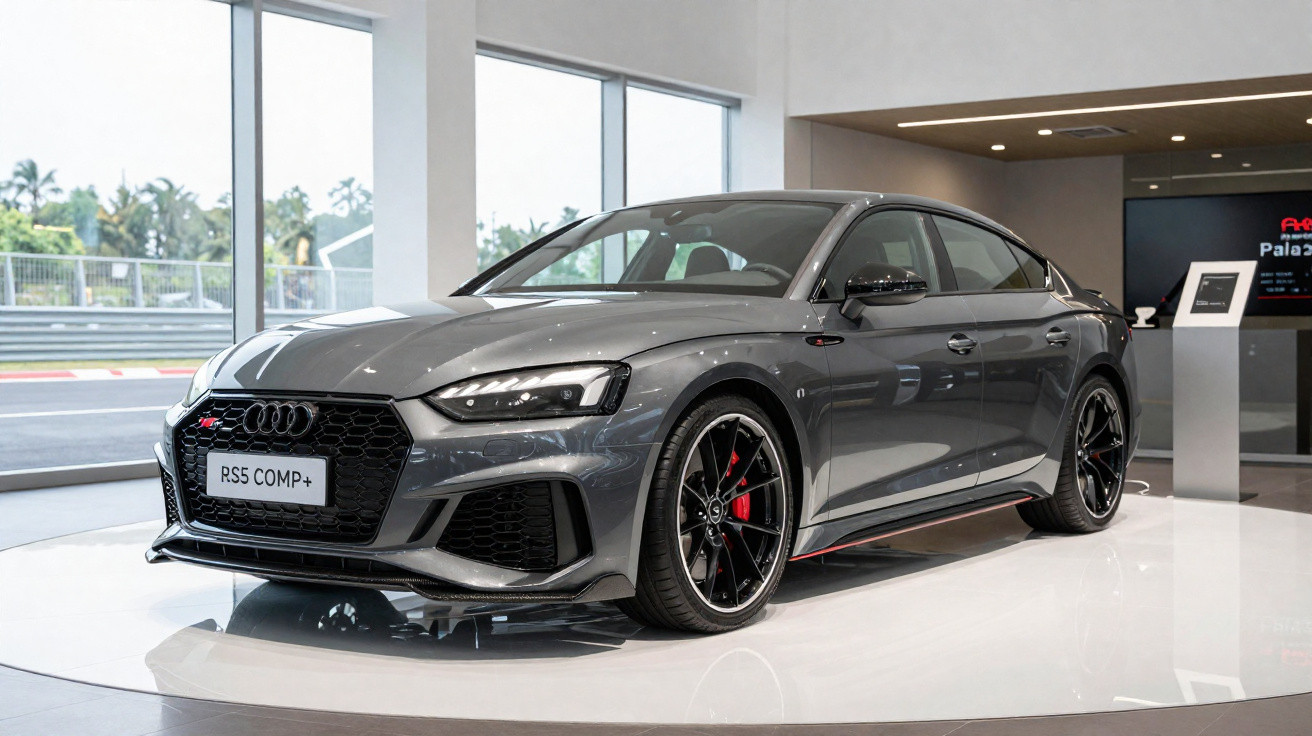 Carro esportivo Audi RS5 Competition Plus cinza exposto em showroom com luz natural e piso branco.