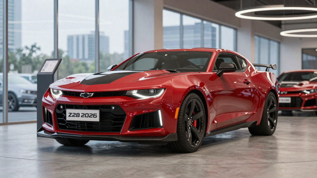 Carro esportivo vermelho Chevrolet Z28 2026 exibido em showroom moderno com grande vidro ao fundo.