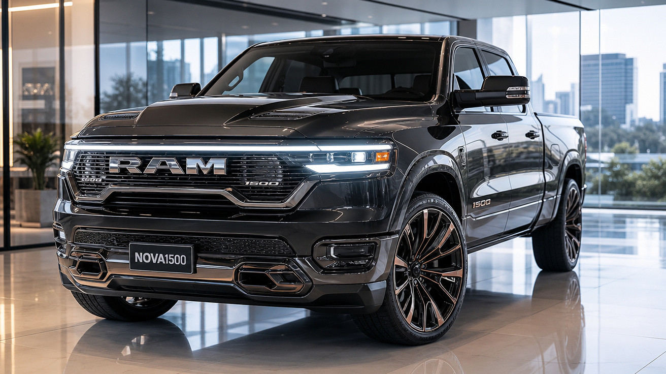 Pick-up preta RAM 1500 Nova em exposição dentro de edifício moderno com grandes janelas.
