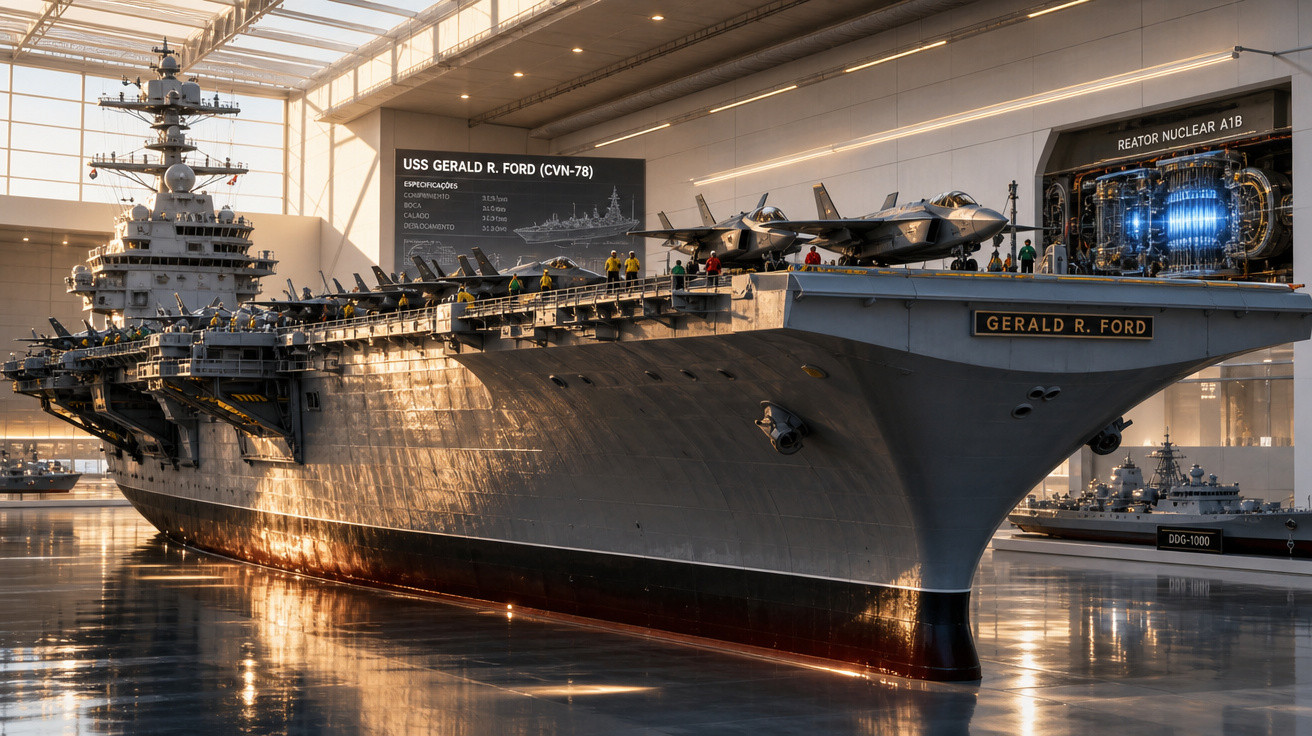 Modelo em escala do porta-aviões USS Gerald R. Ford exposto em museu, com detalhes de reator nuclear e caças a bordo.
