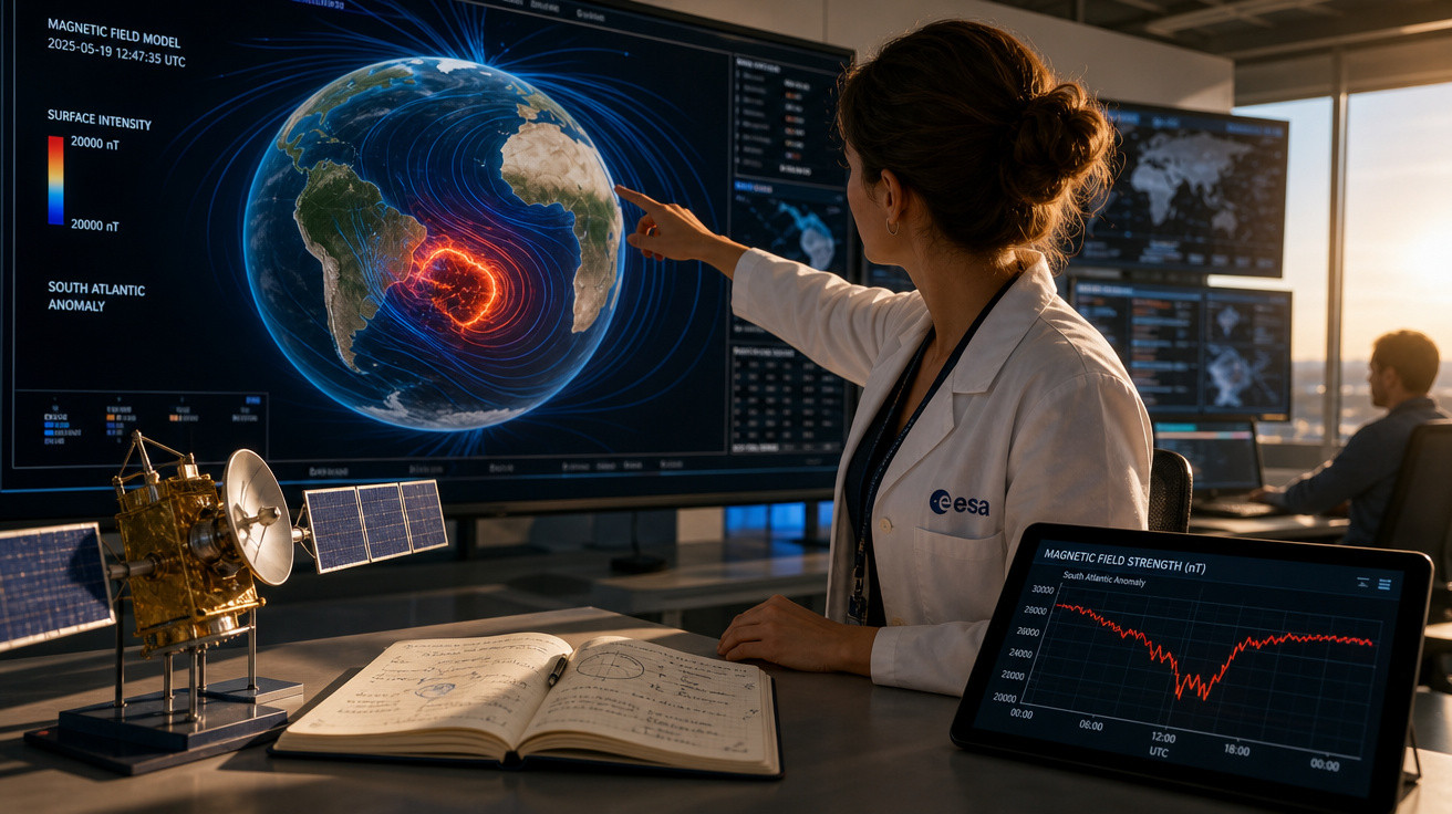 Mulher cientista aponta modelo do campo magnético da Terra em tela grande, com gráficos, satélite e caderno na mesa.