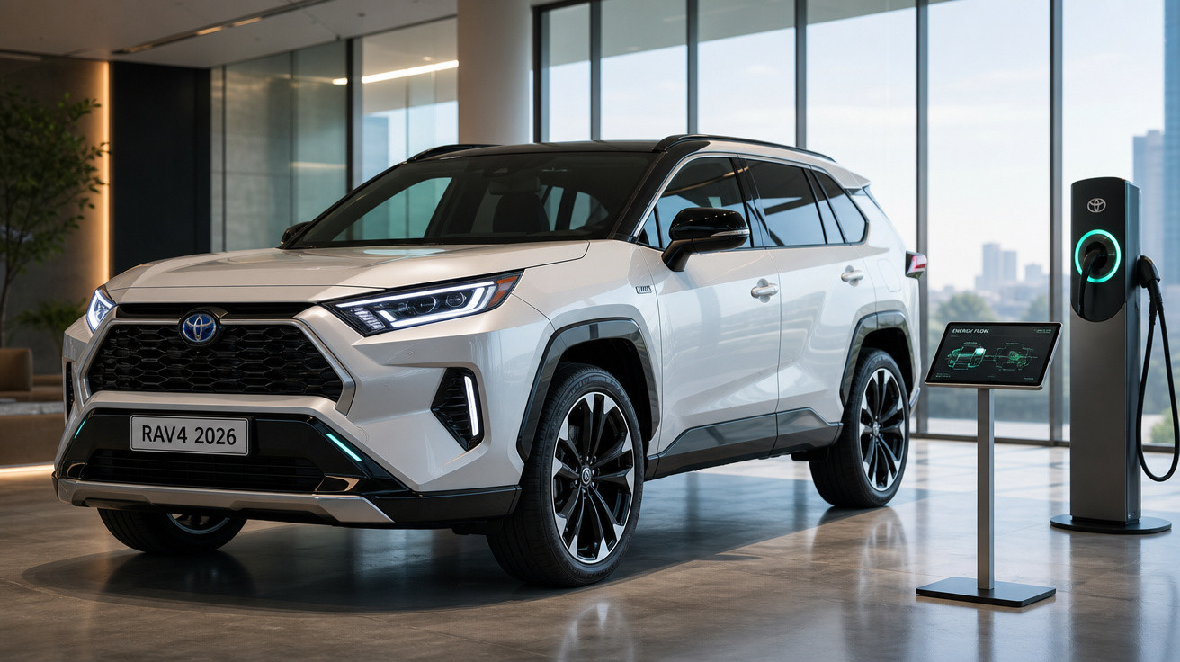 SUV Toyota RAV4 2026 branco estacionado ao lado de carregador elétrico em showroom moderno.