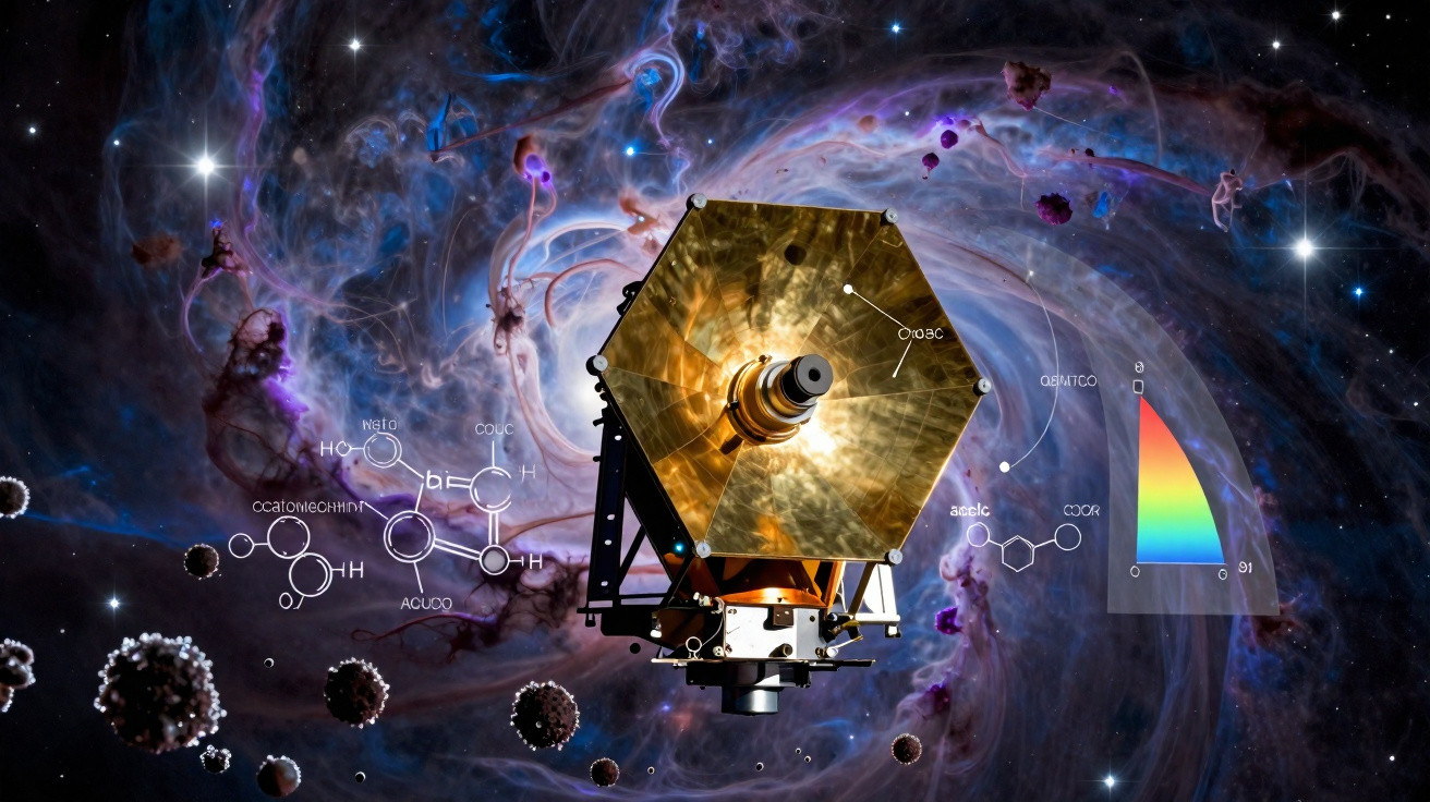 Telescópio espacial dourado no centro com fundo de nebulosa espacial colorida e fórmulas químicas flutuantes.
