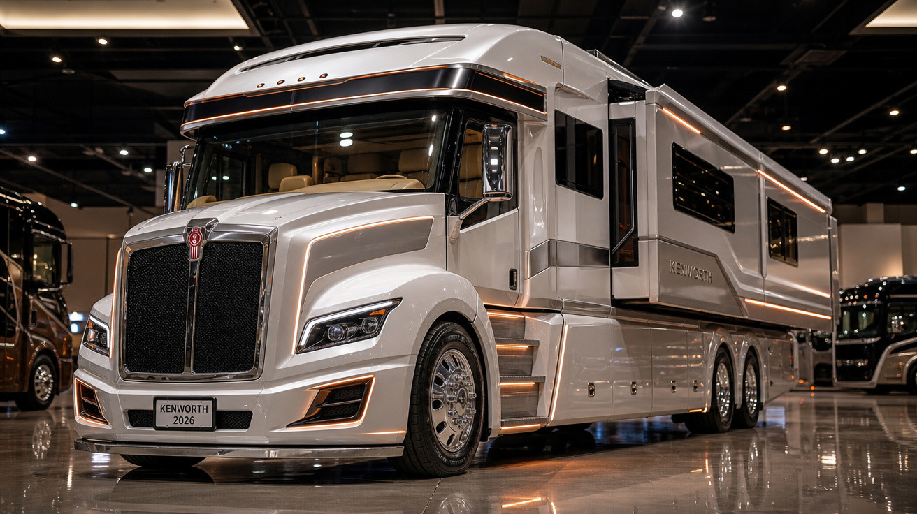 Caminhão Kenworth 2026 branco, estilo motorhome, exibido em salão iluminao, com refleção no chão brilhante.