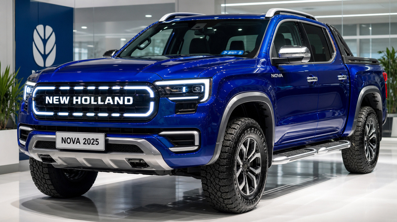 Picape azul New Holland Nova 2025 exibida em ambiente interno com iluminação moderna.