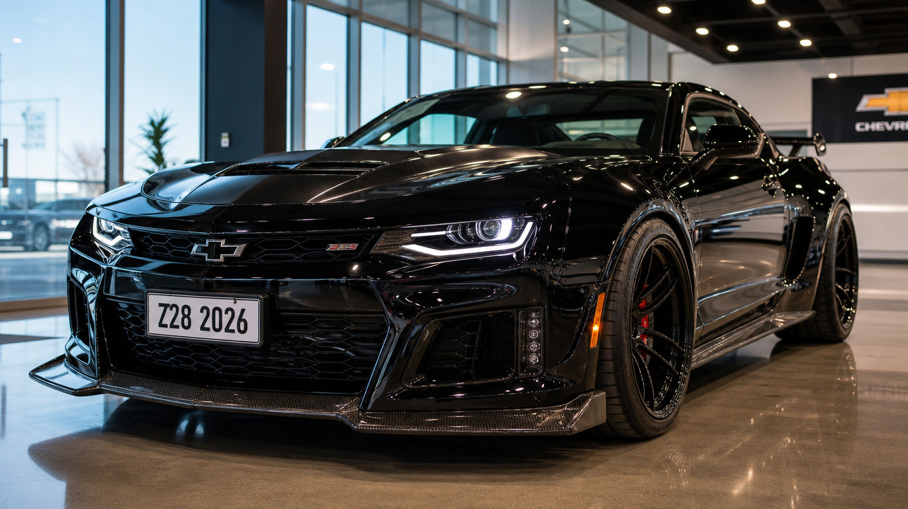 Carro esportivo Chevrolet Camaro preto em showroom com detalhes aerodinâmicos e rodas pretas.