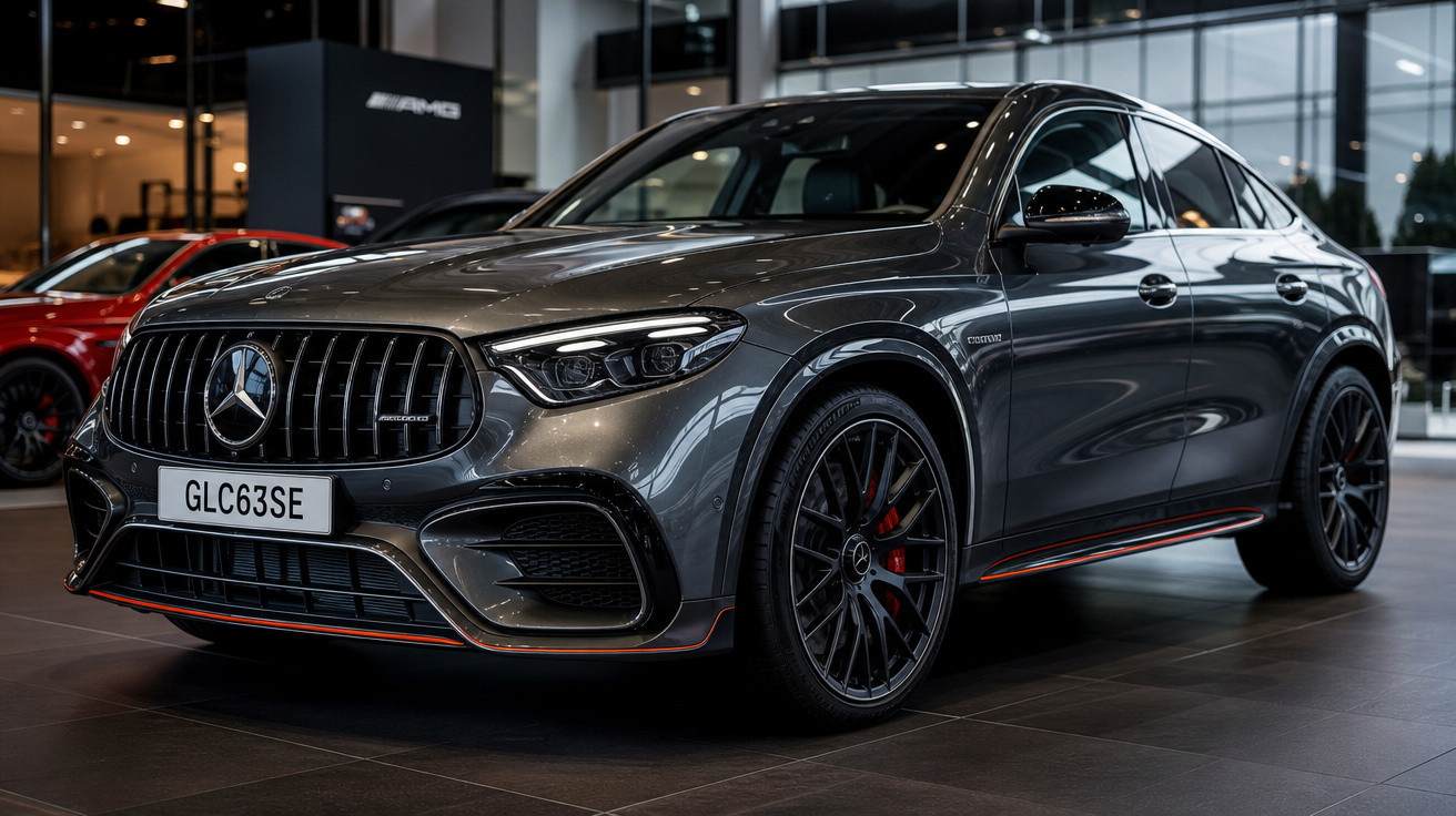 Mercedes-Benz AMG GLC 63 S cinza escuro em exposição em showroom moderno.