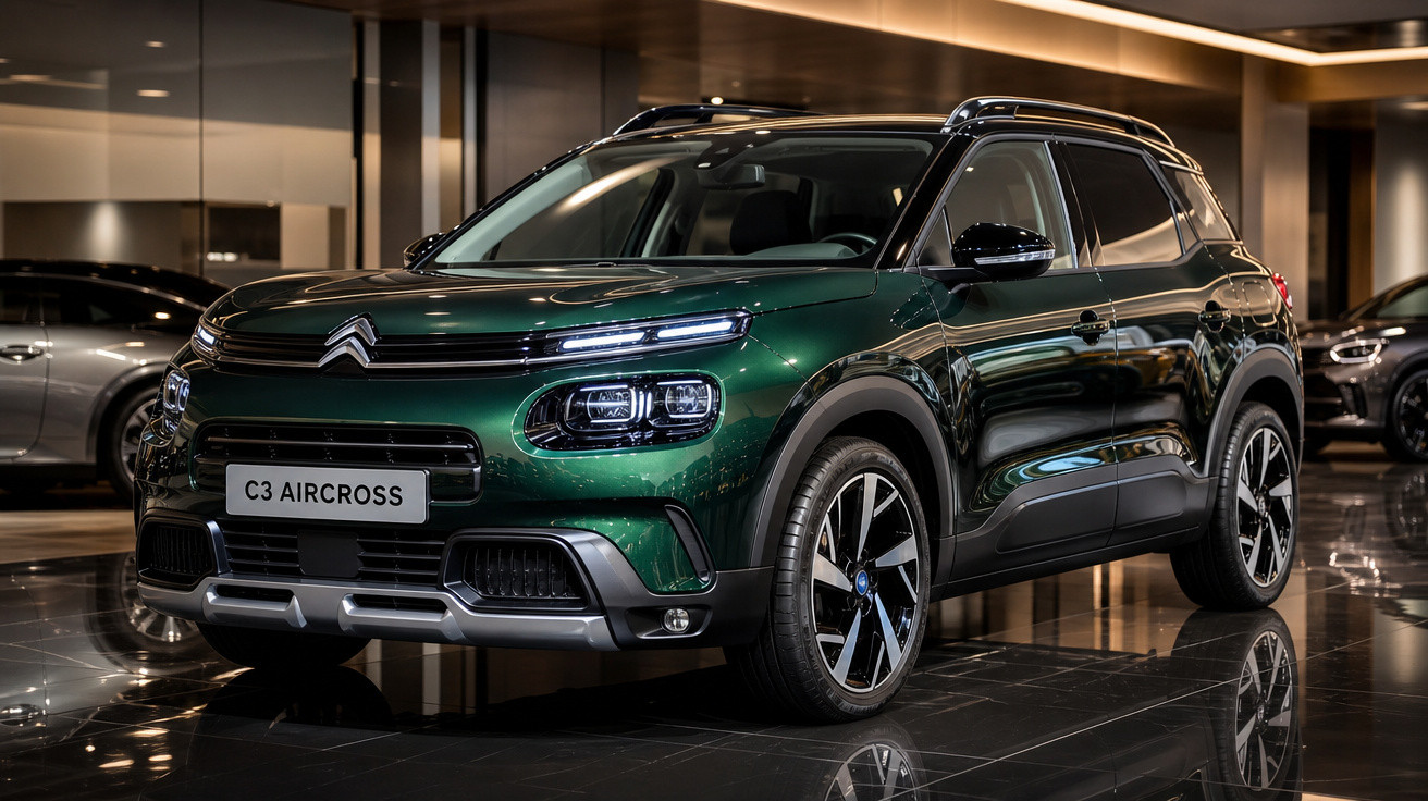 SUV Citroën C3 Aircross verde escuro em showroom com piso refletivo e iluminação ambiente moderna.