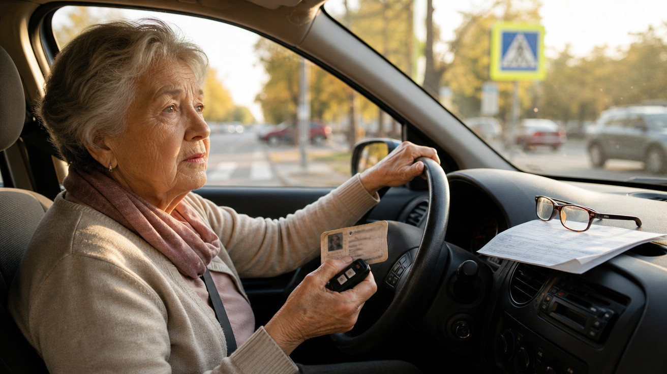 Mulher idosa segurando carteira de motorista e chave, sentada ao volante de carro parado na rua.
