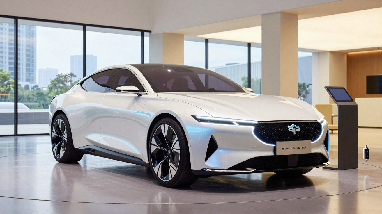 Carro elétrico branco moderno estilo cupê em exposição interna com grandes janelas ao fundo.