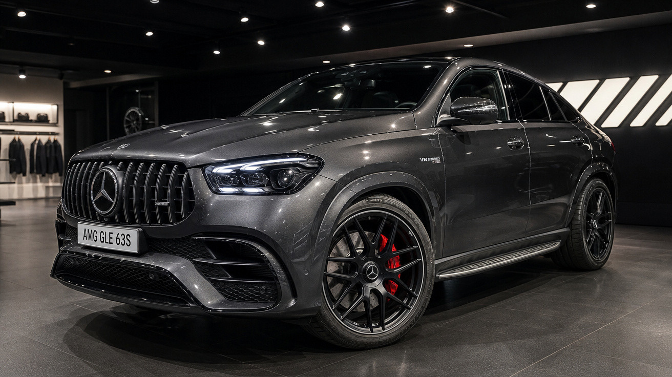 Carro SUV Mercedes AMG GLE 63S cinza escuro exibido em showroom moderno e iluminado.
