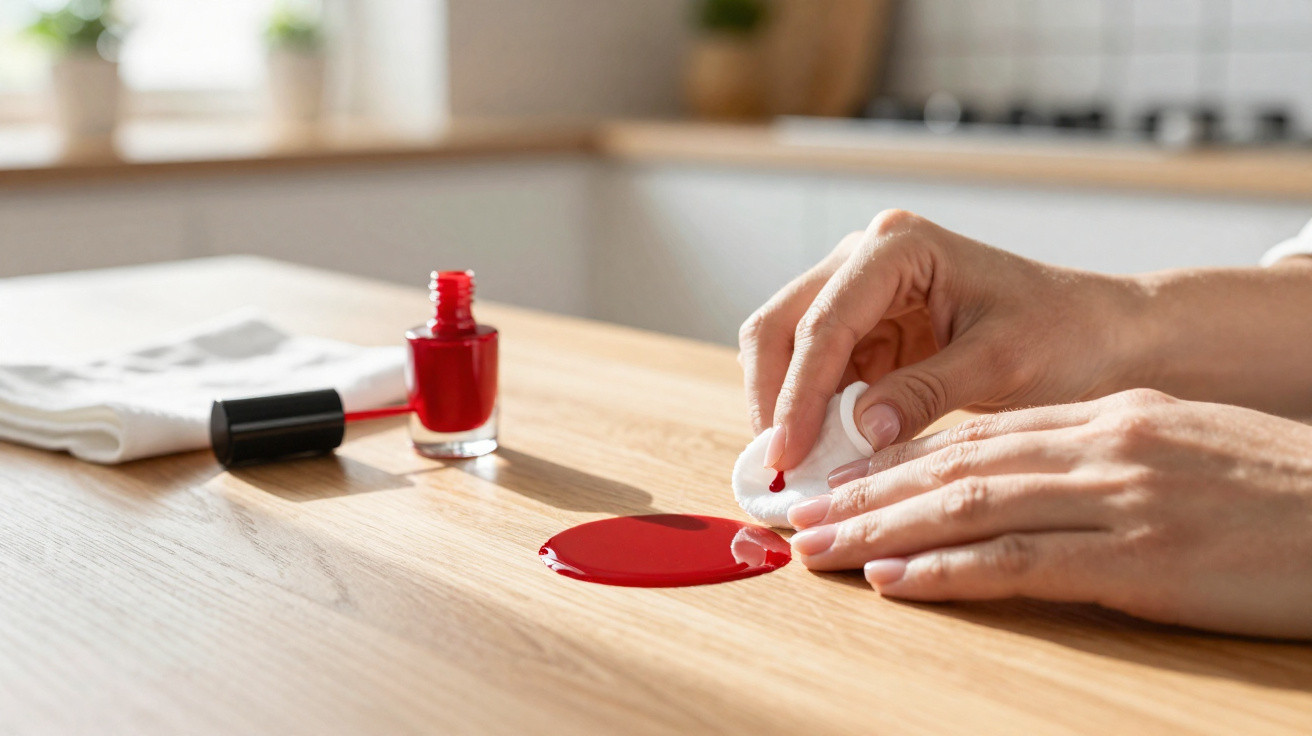 Mãos limpando esmalte vermelho derramado sobre mesa de madeira com algodão.