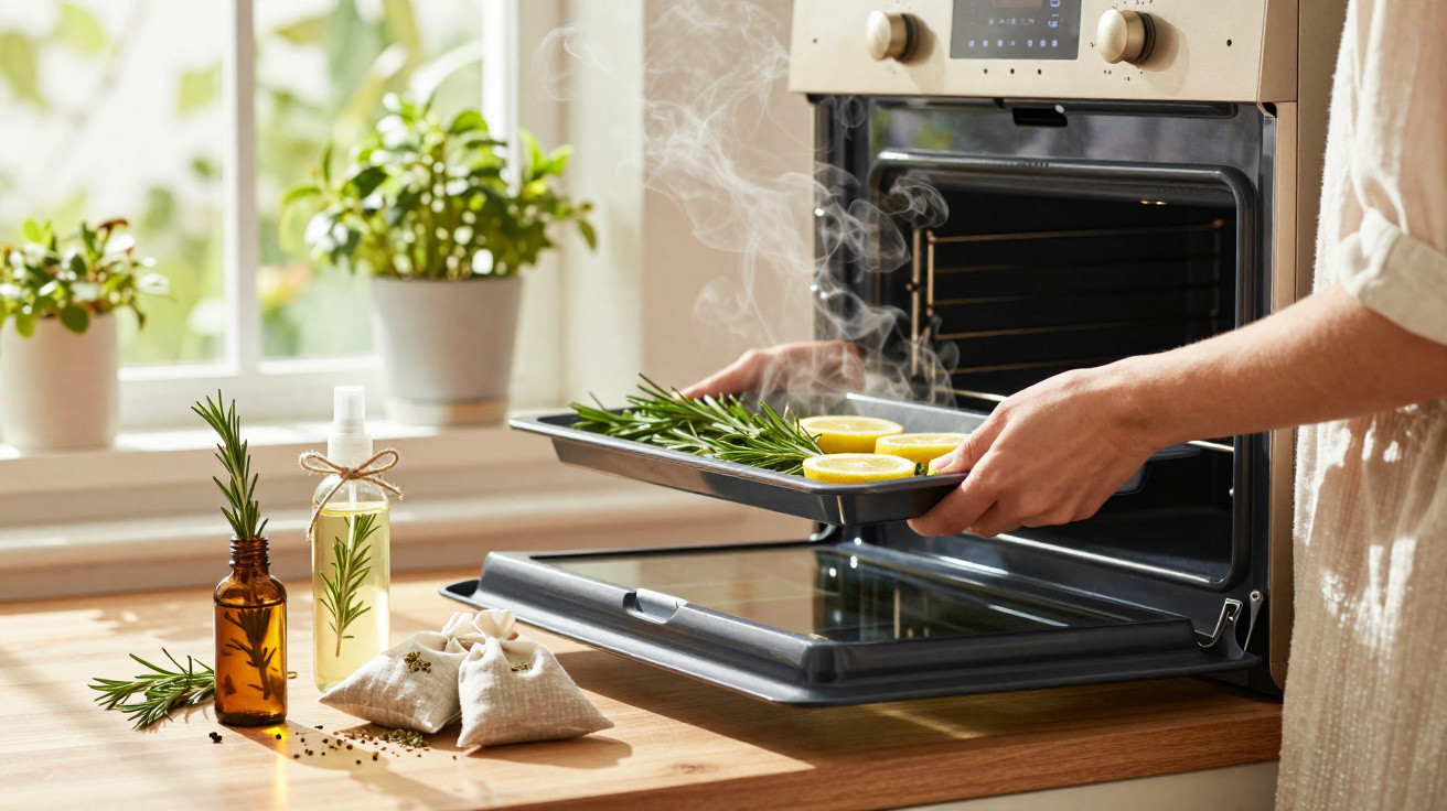 Pessoa colocando assadeira com limões e alecrim em forno moderno com vapor saindo, em cozinha iluminada.