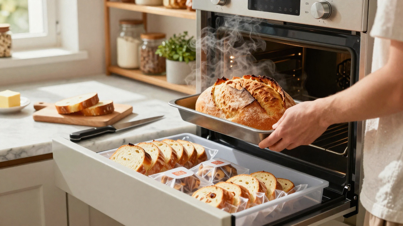 Pessoa retirando pão quente e fumegante do forno em cozinha com pão fatiado em gaveta próxima.