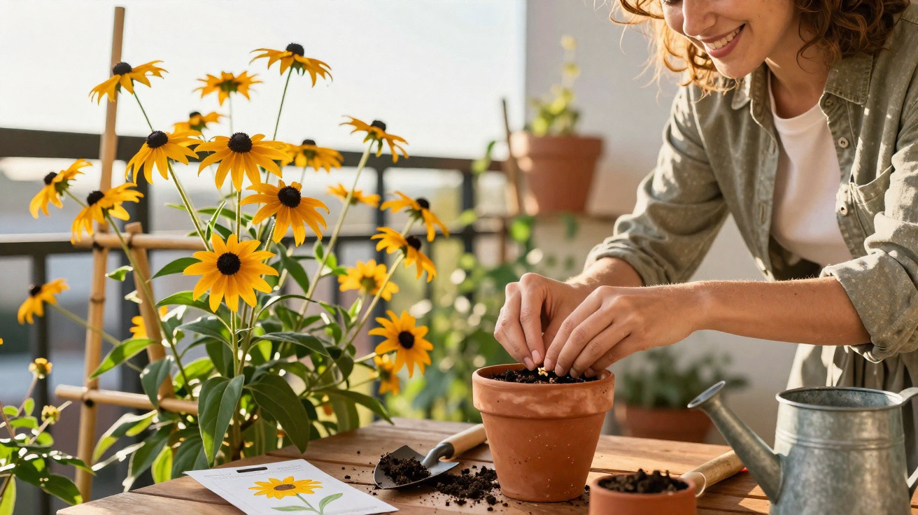 Mulher plantando sementes em vaso de barro, com flores amarelas e regador em mesa de madeira.
