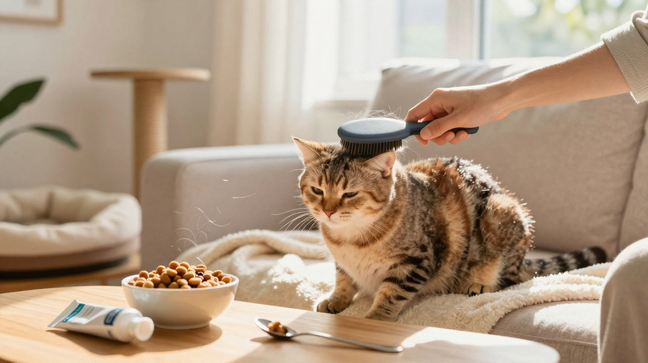 Pessoa escova gato sentado em sofá, mesa com potes e remédios, ambiente claro e aconchegante.