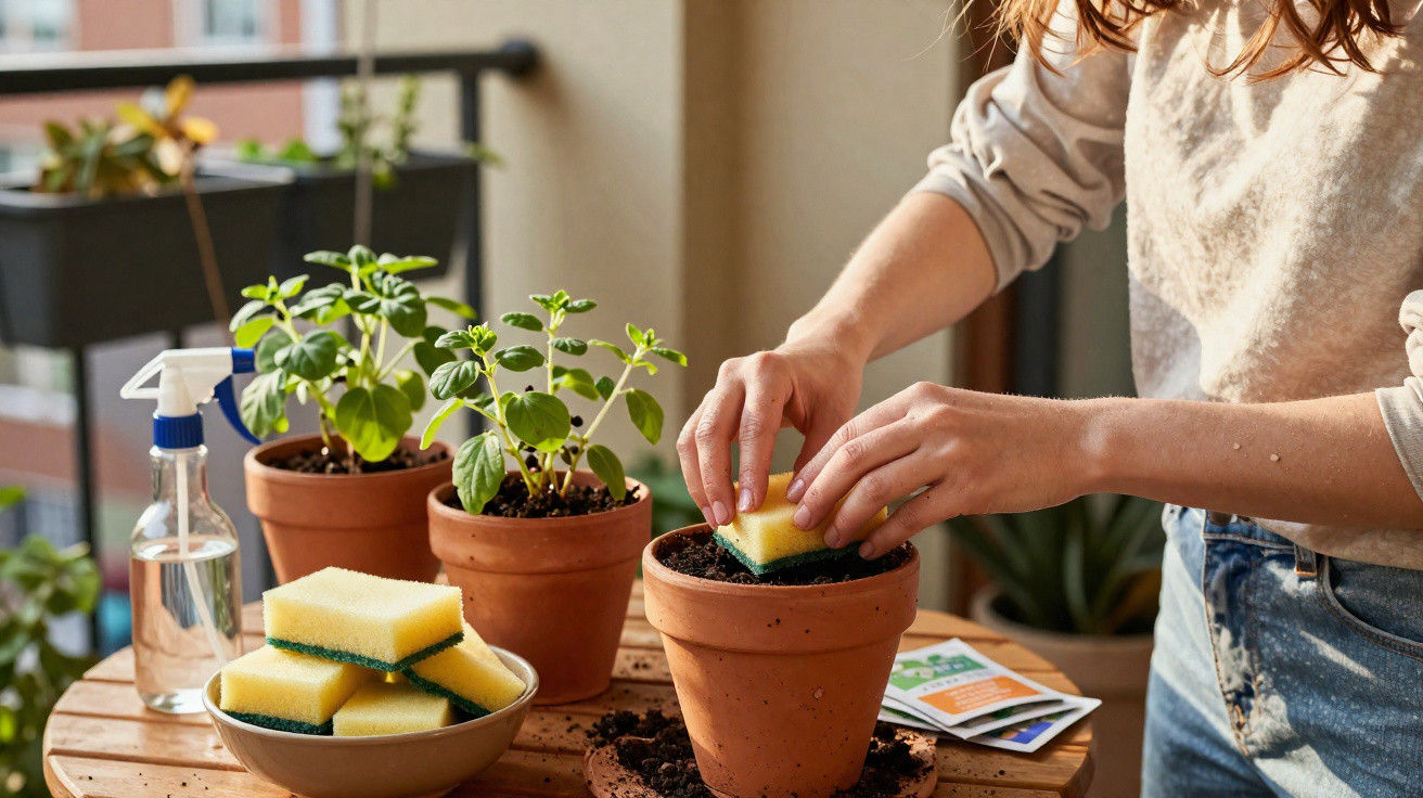 Pessoa usando esponja para plantar muda em vaso de terra, com regador e plantas ao fundo em varanda.