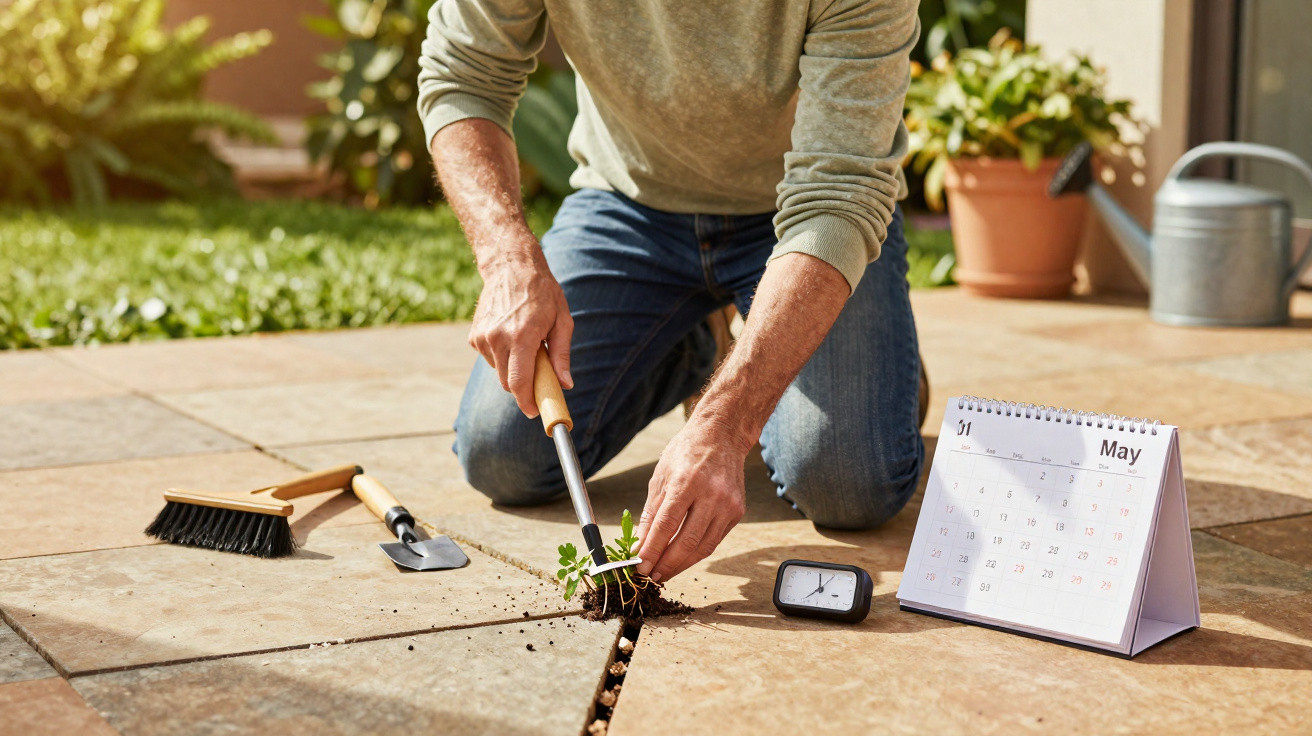 Pessoa usando ferramentas para limpar plantas entre as pedras do piso, com calendário e relógio ao lado.