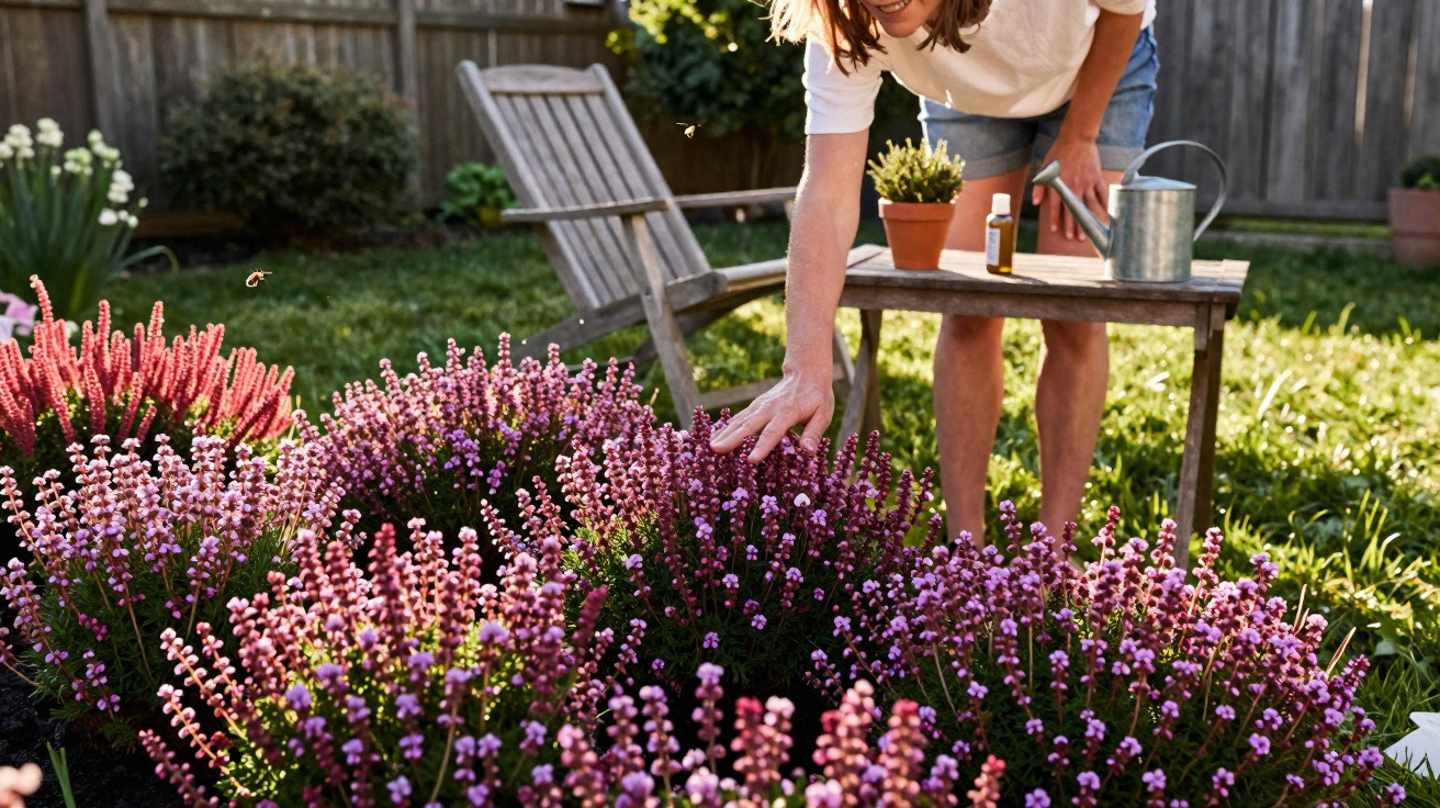 Pessoa cuidando de flores roxas em um jardim ensolarado com cadeira e regador ao fundo.