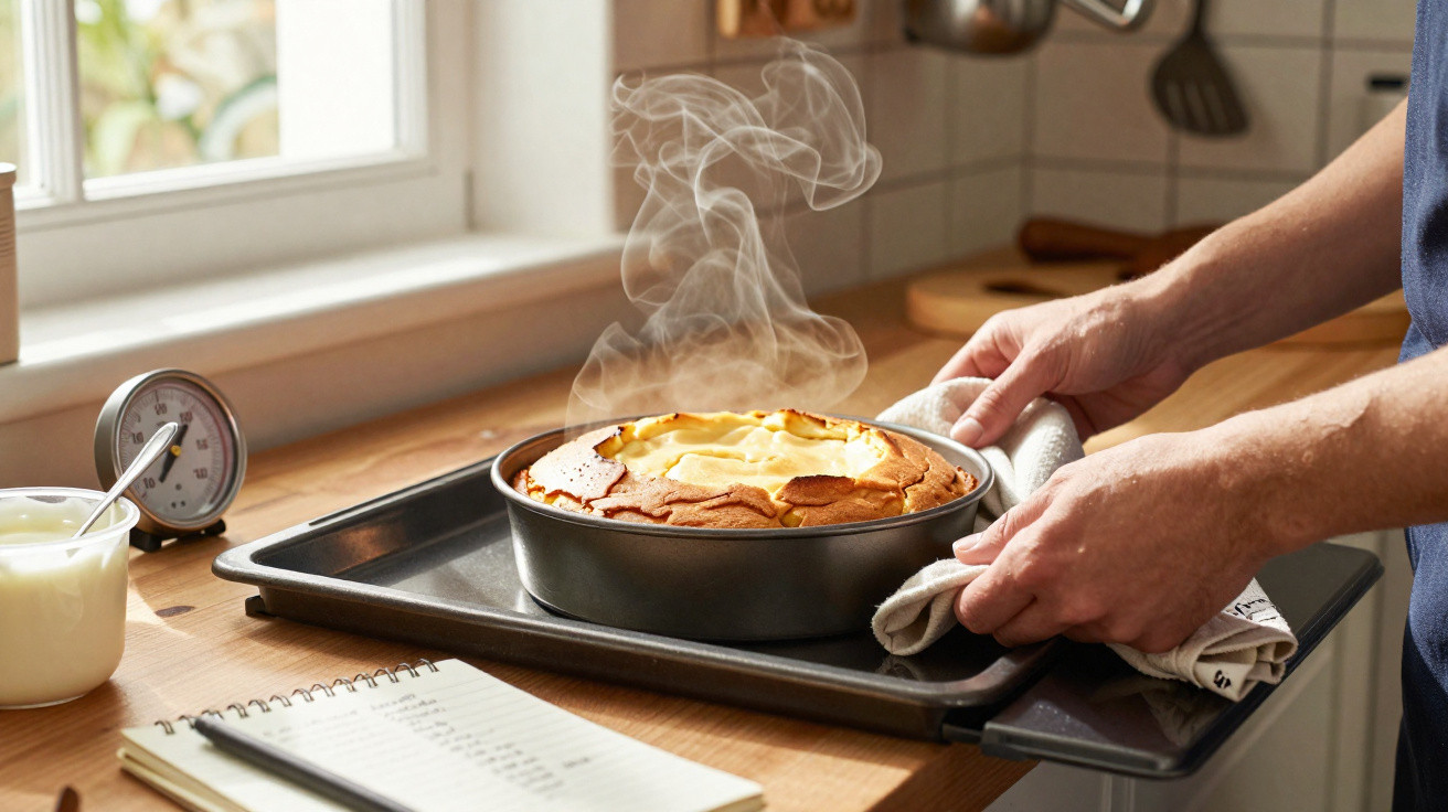 Bolo recém-assado com fumaça saindo, sendo retirado do forno na cozinha com timer e caderno à vista.