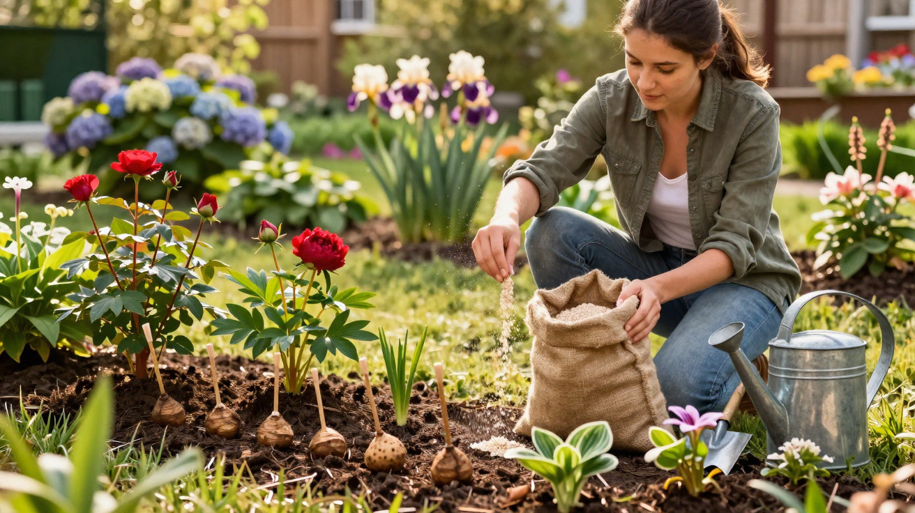 Mulher plantando flores em jardim, com regador ao lado e sacola de sementes na mão.