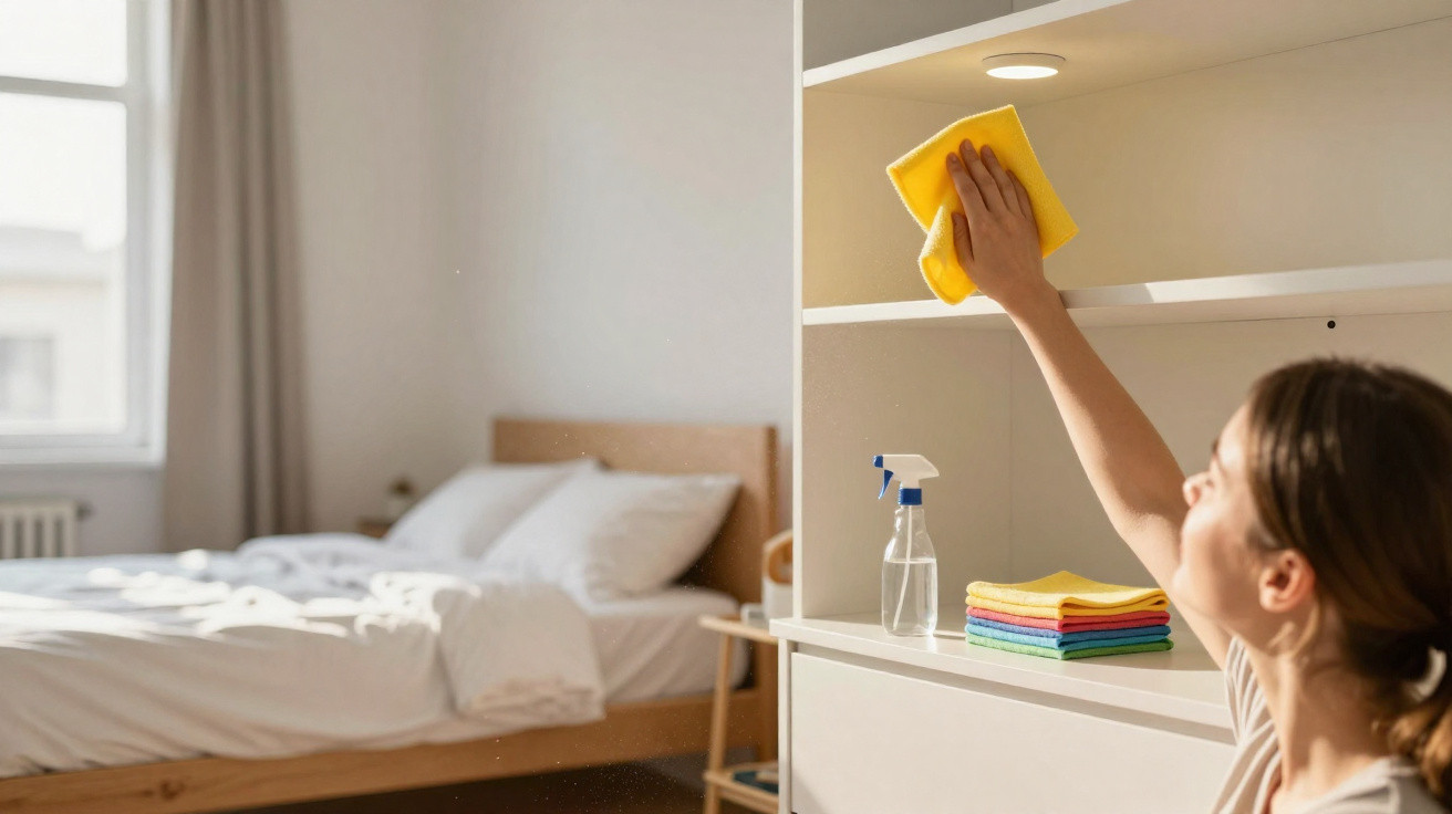 Pessoa limpando prateleiras com pano amarelo em quarto claro com cama arrumada ao fundo.