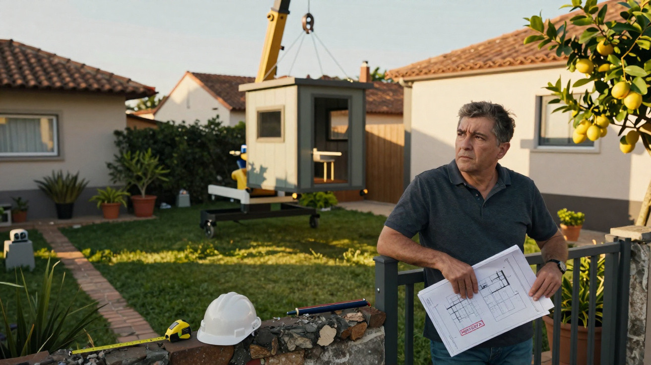 Homem com plantas de construção observa casa pré-fabricada sendo içada por guindaste em jardim residencial.