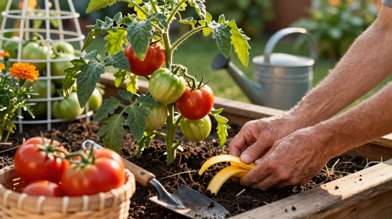 Mãos femininas cuidando de tomateiras em jardim, com tomates maduros, regador, pá e cesta com tomates.