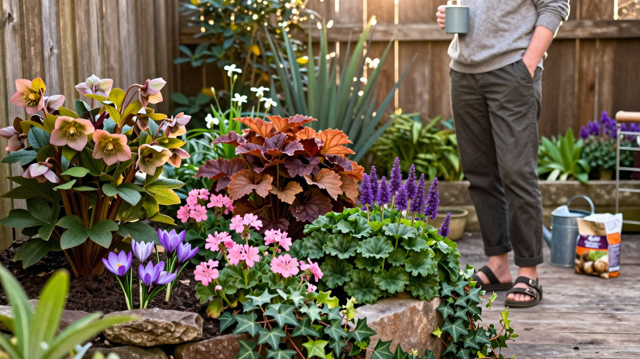 Jardim com flores coloridas e pessoa segurando caneca, ao fundo regador e saco de sementes, tarde ensolarada.