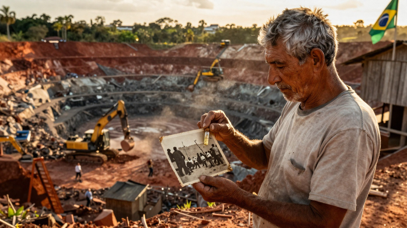 Homem em mineração segura foto antiga com trabalhadores enquanto escavadeiras operam ao fundo.