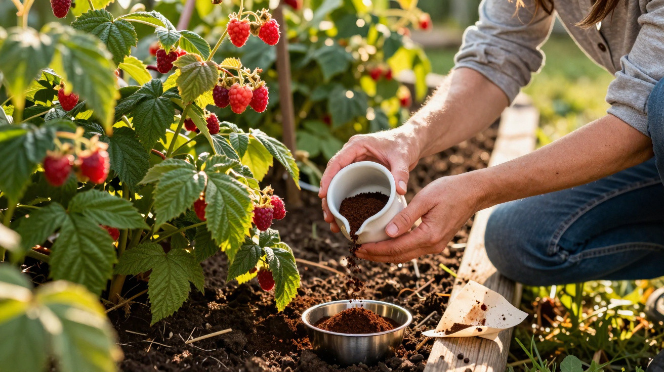 Pessoa colocando borra de café no solo próximo a pés de framboesa vermelha em jardim caseiro.