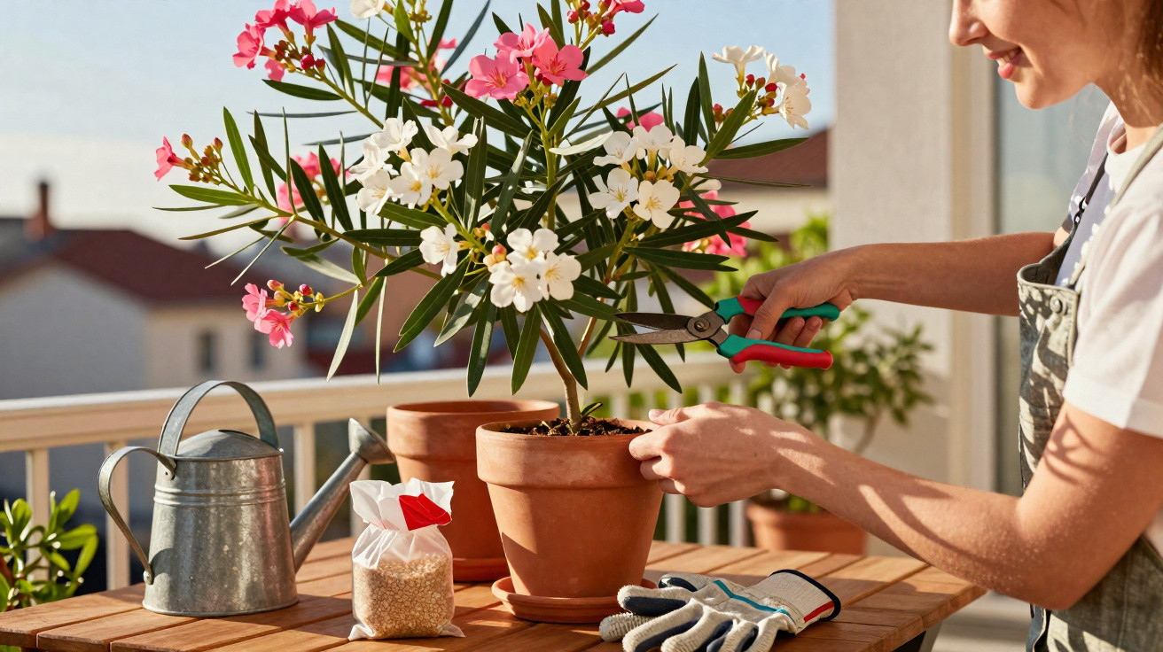 Pessoa podando planta com flores brancas e rosas em vaso de cerâmica em mesa externa ensolarada.