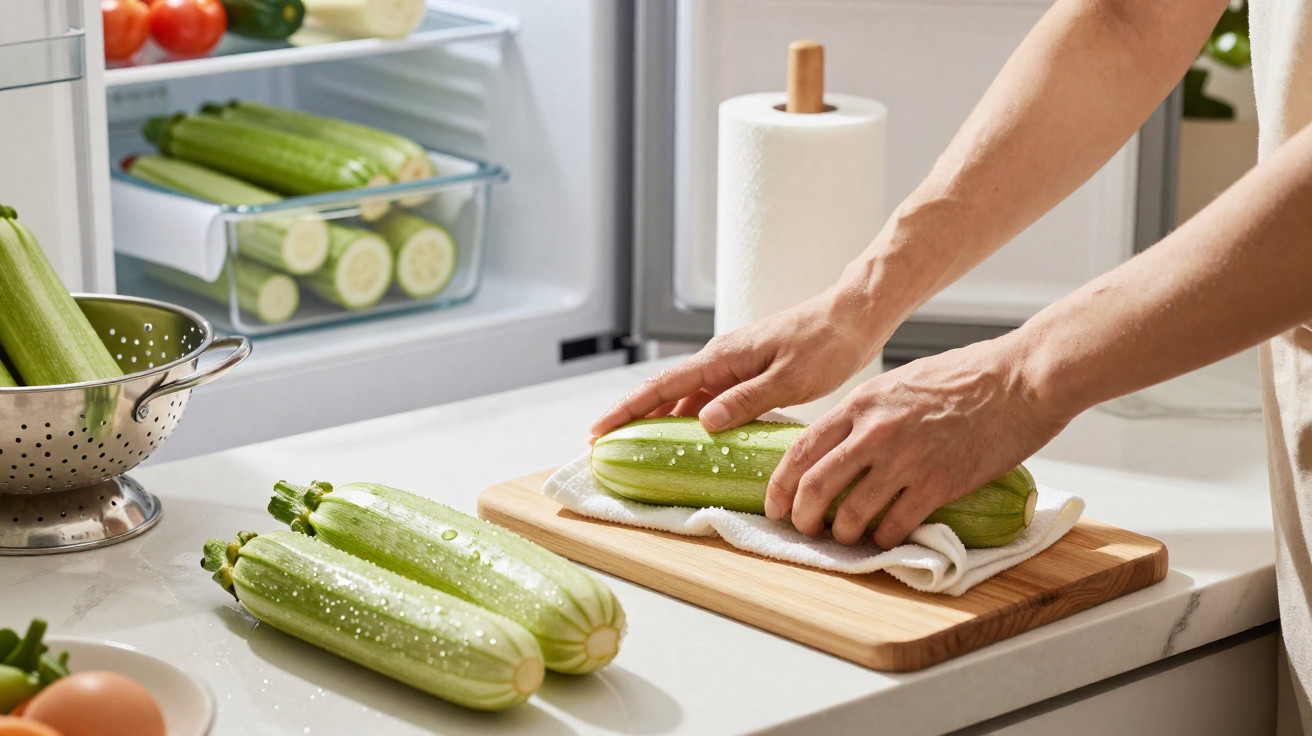 Mãos secando abobrinhas verdes em tábua de madeira na cozinha com geladeira aberta ao fundo.