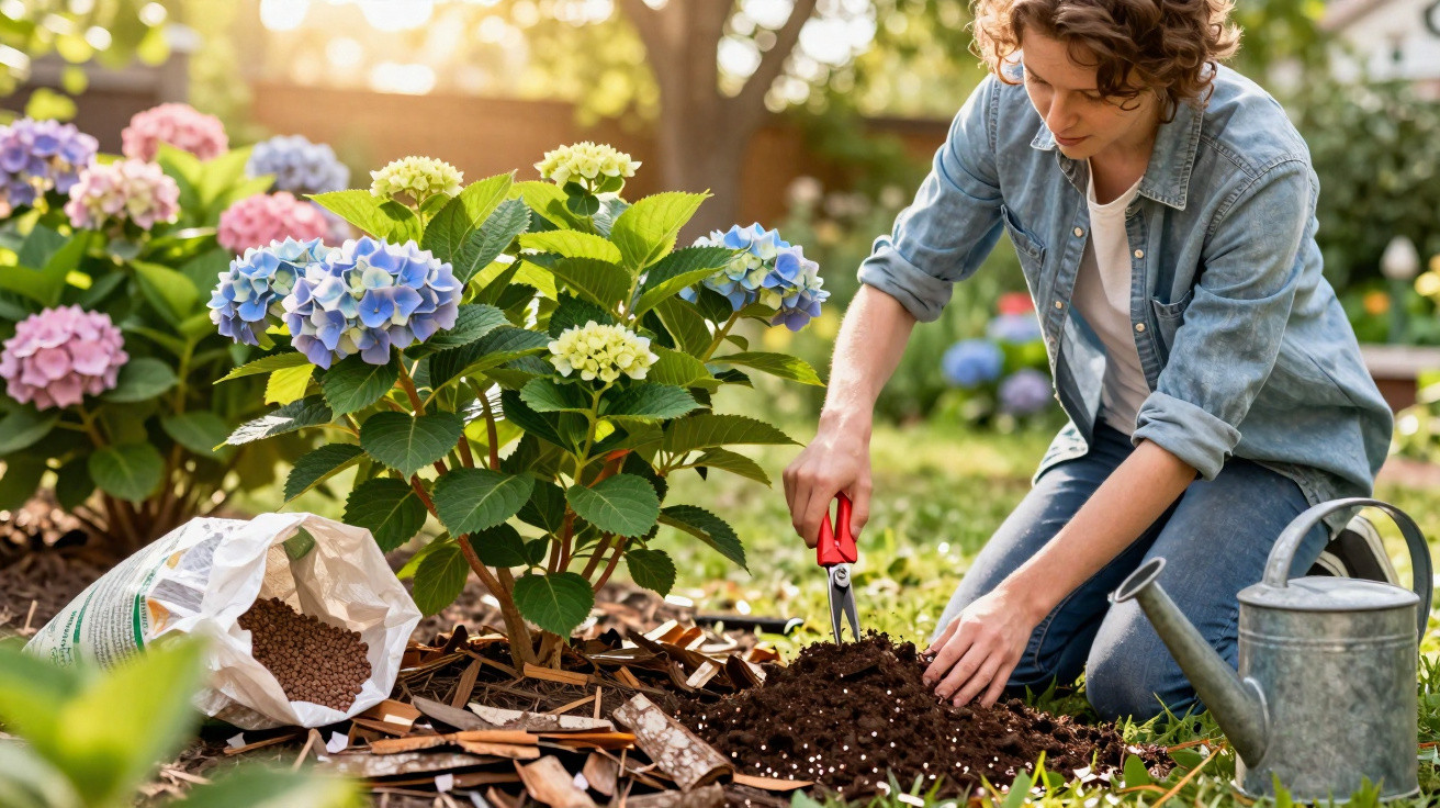 Pessoa cultivando plantas em jardim com flores coloridas, regador e adubo ao redor.