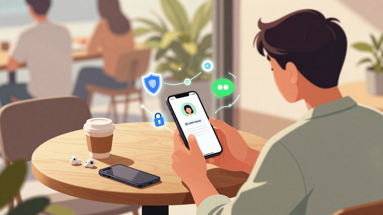 Homem sentado em cafeteria segura celular com tela de perfil e ícones de segurança ao redor.