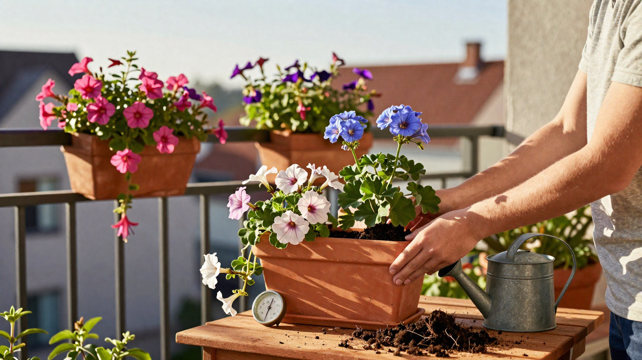Pessoa cuidando de flores em vasos de barro em varanda com regador e terra espalhada na mesa de madeira.