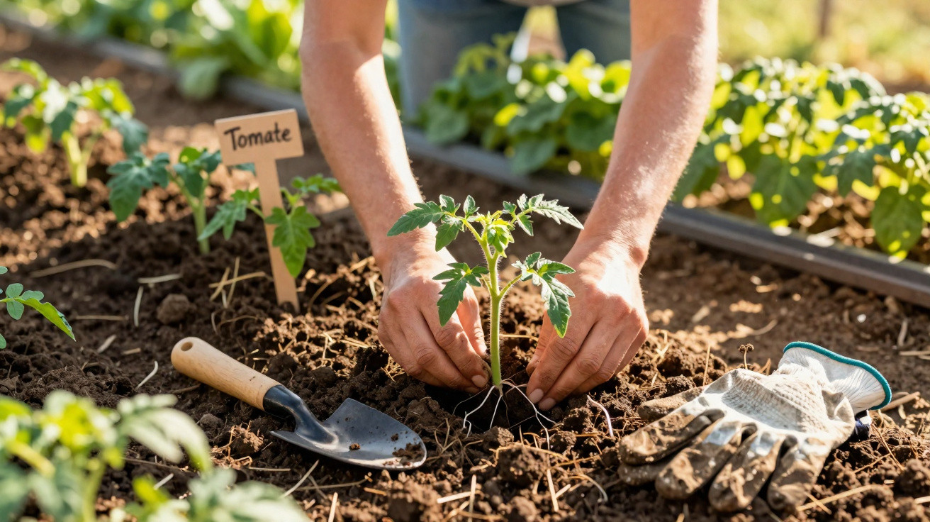 Pessoa plantando muda de tomate em canteiro com luvas e pá de jardinagem ao lado.