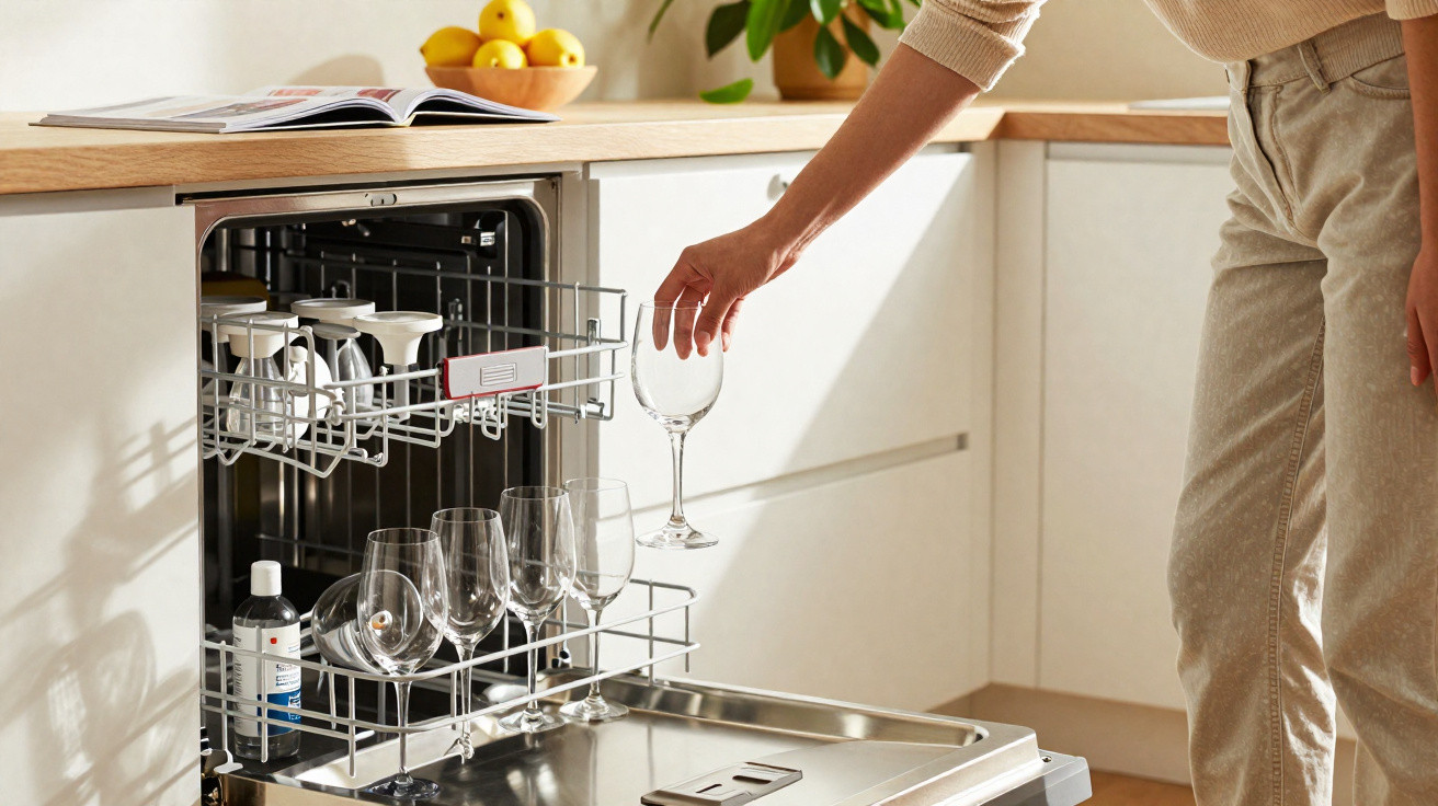 Pessoa retirando taça de vidro da lava-louças em cozinha clara com bancada de madeira e frutas.