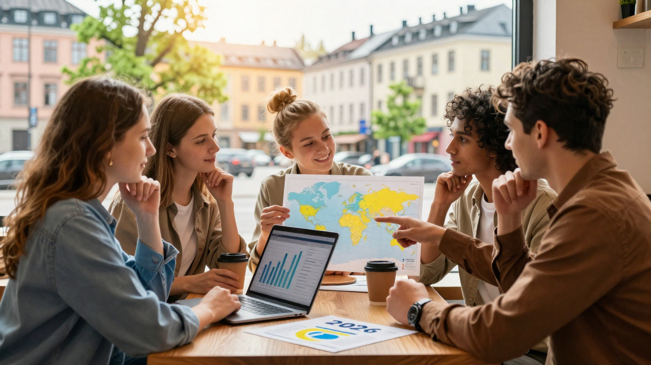 Grupo de jovens sentados em mesa discutindo mapa e gráficos em laptop e papel.