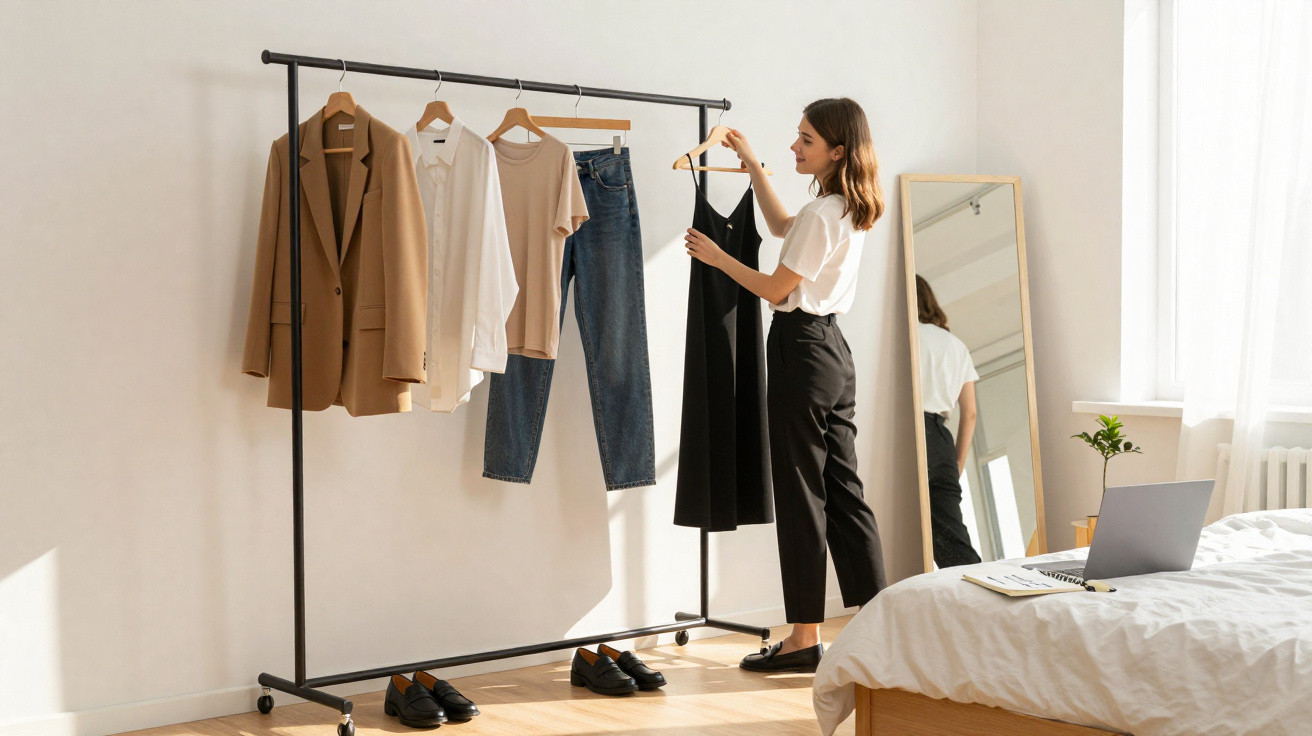 Mulher organizando roupas em cabideiro em quarto claro com espelho grande e cama ao lado.