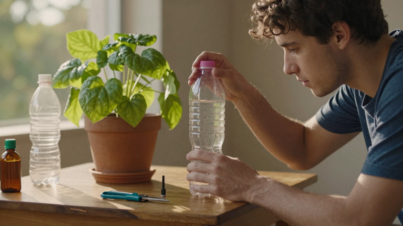 Jovem segurando garrafa plástica transparente em mesa com planta, tesoura e frascos pequenos.
