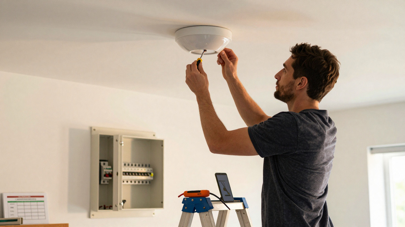 Homem instalando detector de fumaça no teto em ambiente interno residencial.