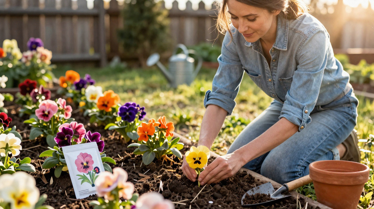 Mulher plantando flores coloridas em canteiro de jardim ao ar livre em dia ensolarado.