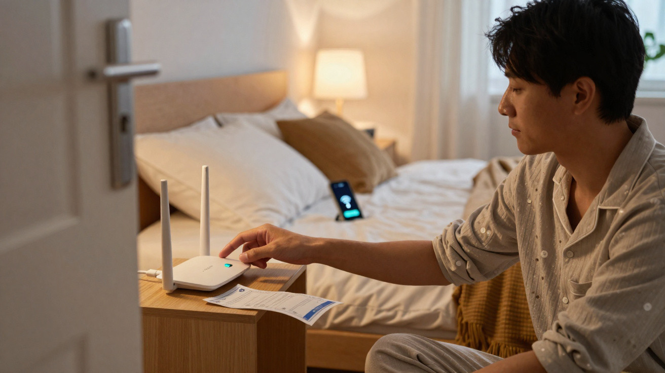 Homem ajusta roteador Wi-Fi ao lado da cama em quarto aconchegante com luz amarela.