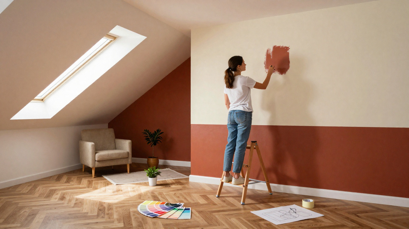 Mulher em escada pintando parede de sala clara com cor terracota, ao lado amostra de cores e plantas.
