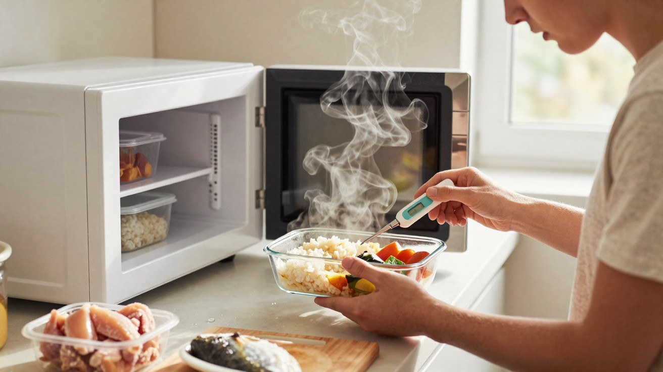 Pessoa medindo a temperatura de comida quente em recipiente de vidro na cozinha com micro-ondas.
