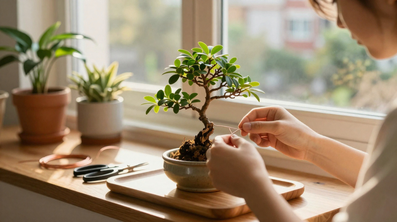 Pessoa cuidando de um bonsai em vaso sobre bandeja de madeira, com plantas e janela ao fundo.