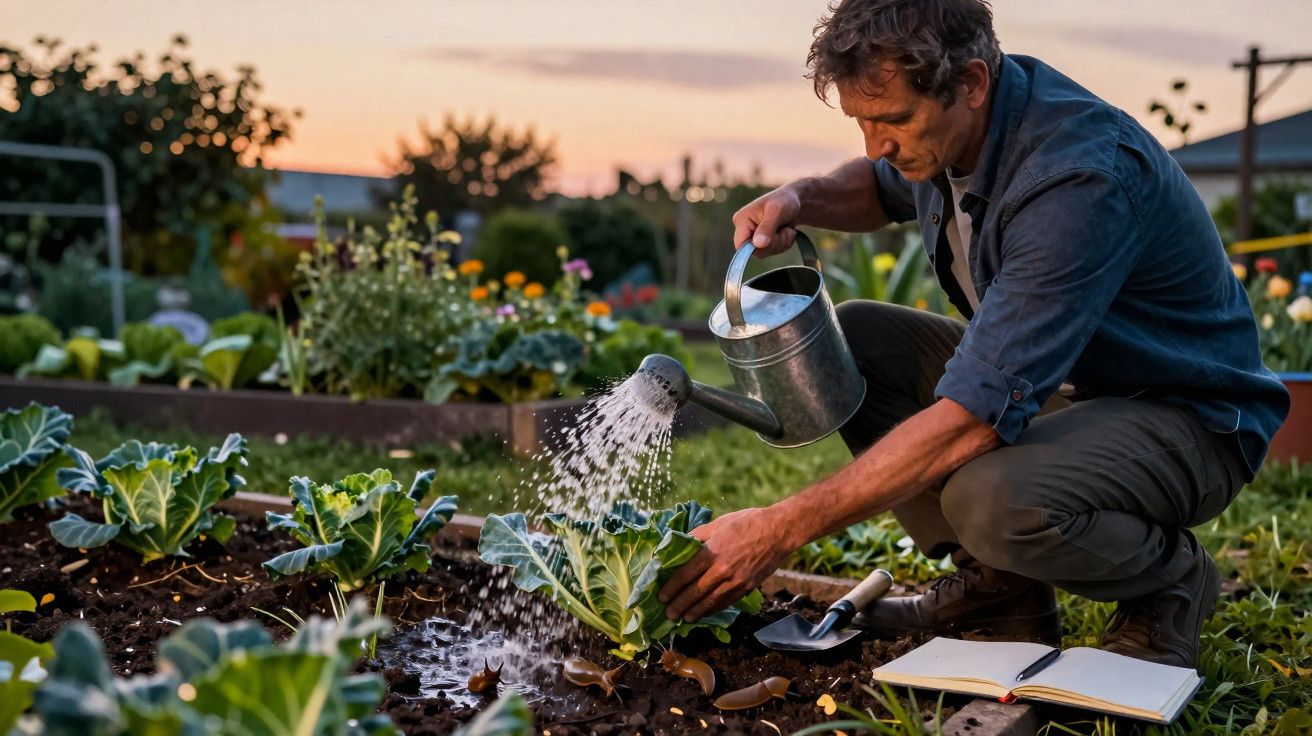 Homem regando plantas em hortaliça ao entardecer, com regador e caderno aberto ao lado.