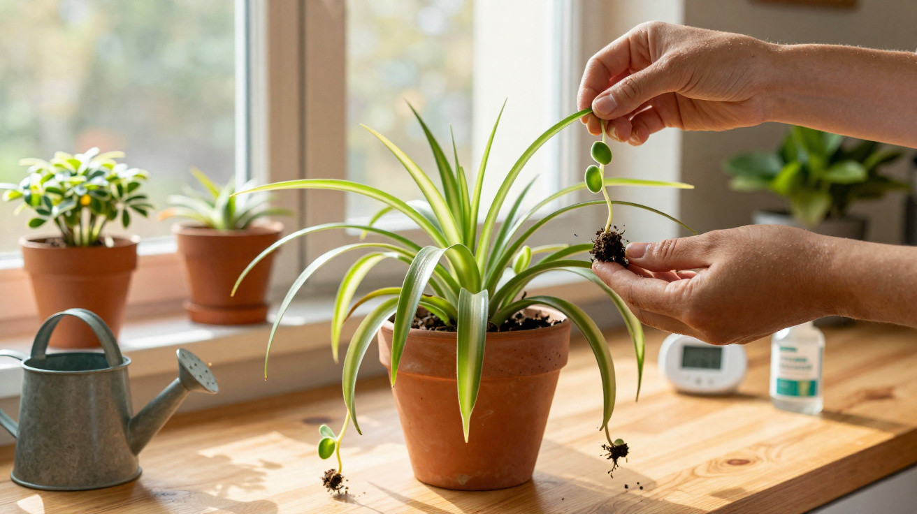 Mãos cuidando de planta verde em vaso de barro sobre mesa de madeira próxima à janela.