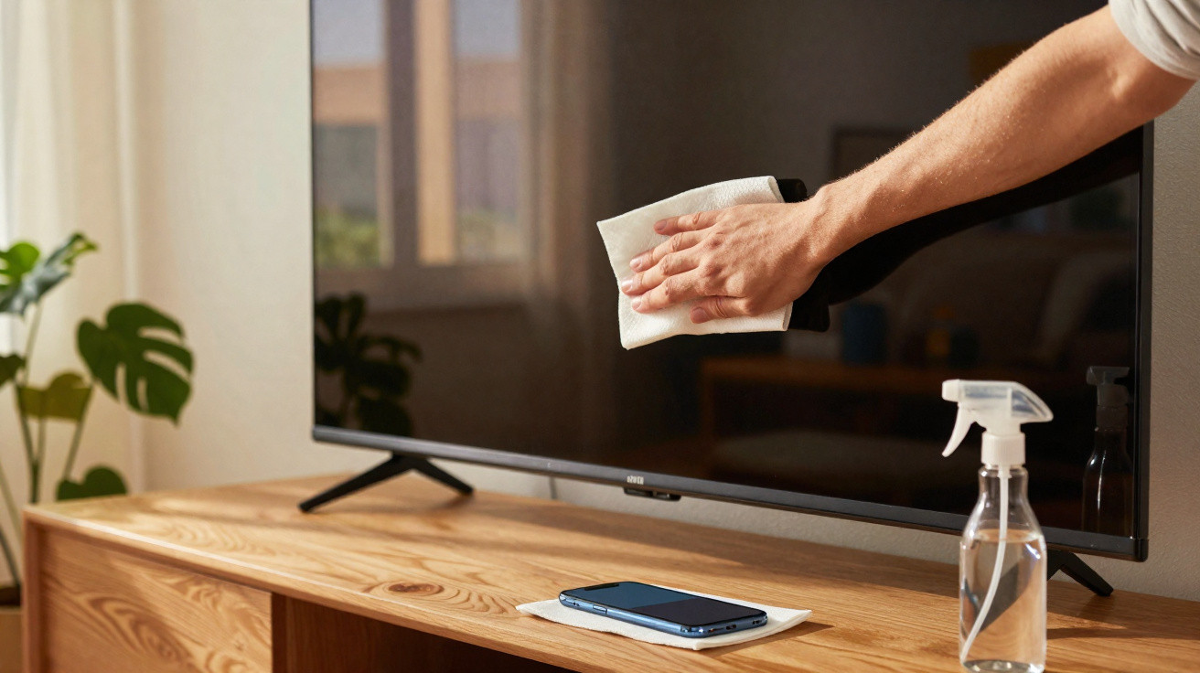 Pessoa limpando uma TV com pano branco em uma sala ilumada, com celular e borrifador sobre o móvel de madeira.